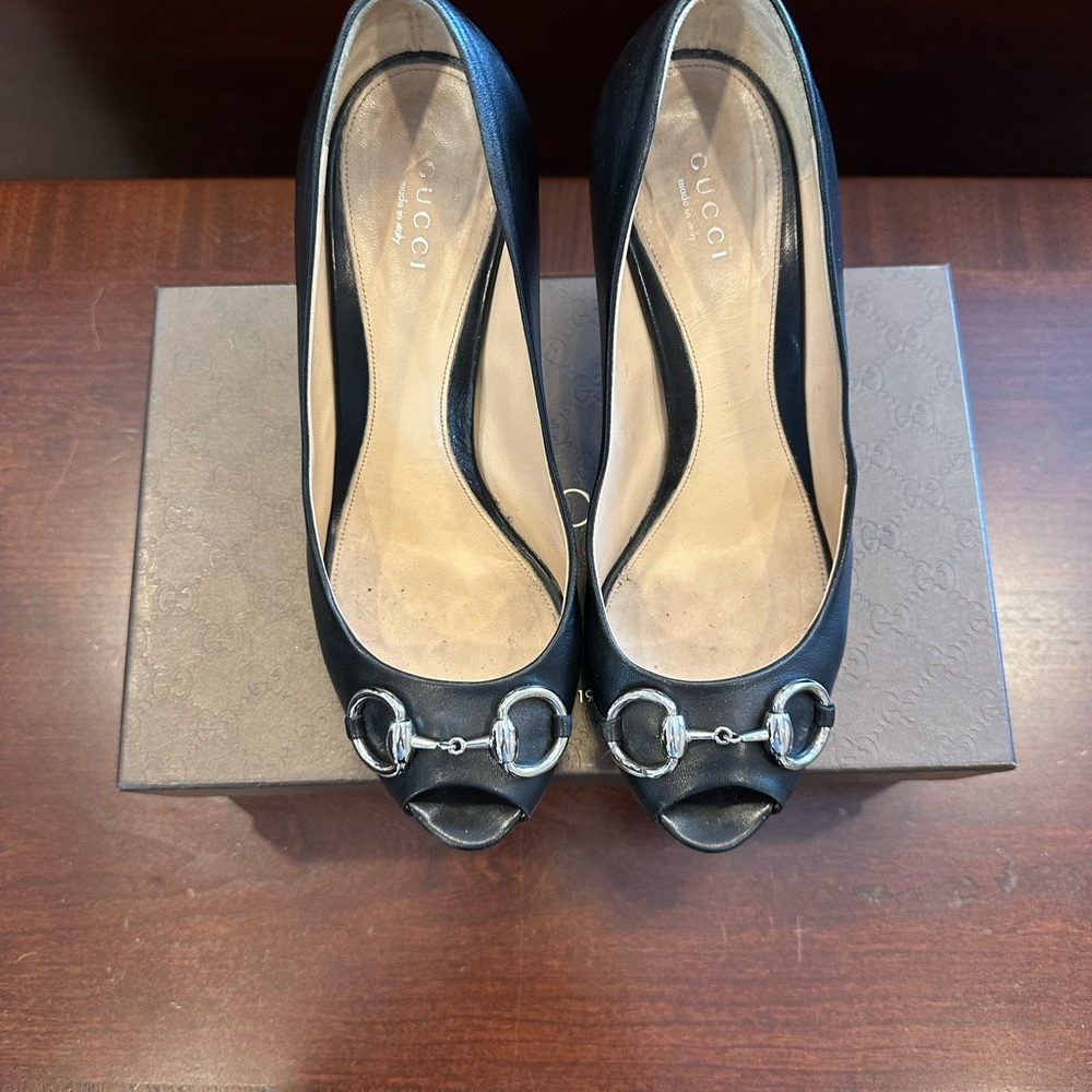 Gucci Horse-bit Black Peep Toe Women's Shoes
